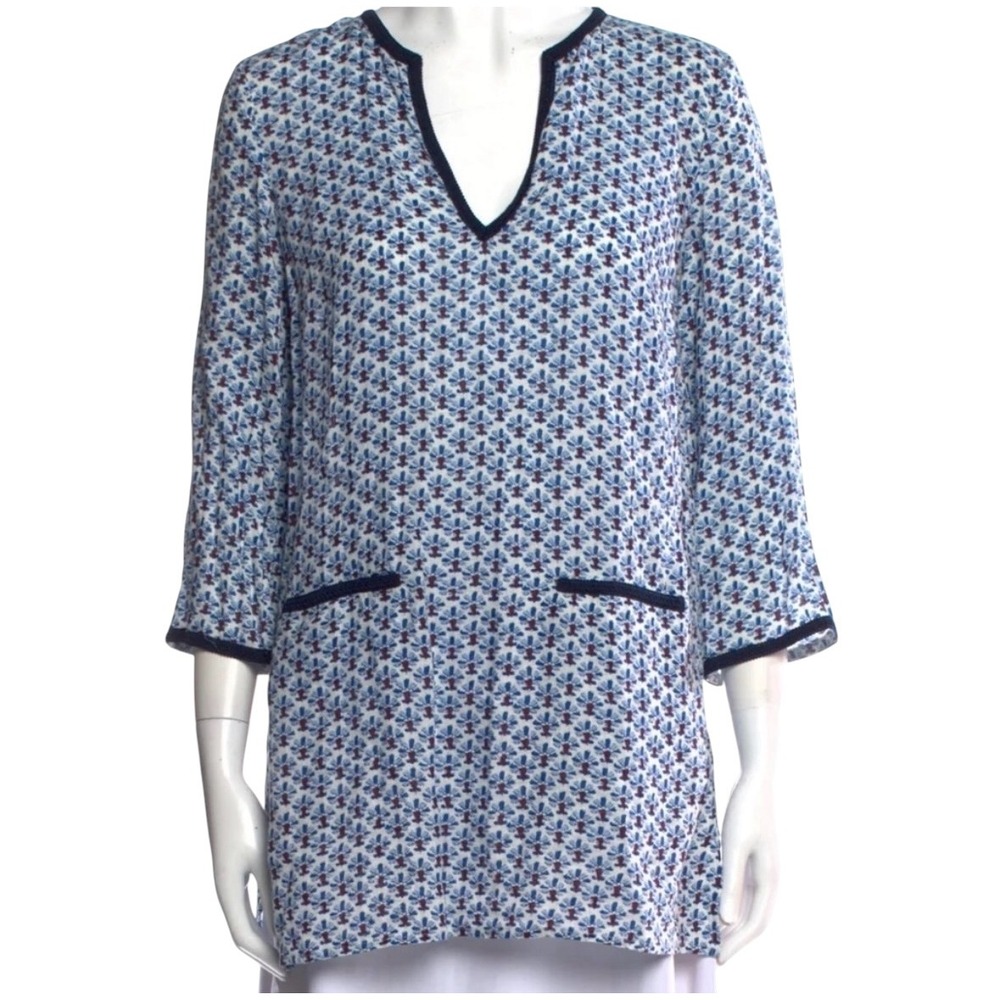 Tory Burch Blue Red Floral Geometric Split Neck Tunic Top XS
